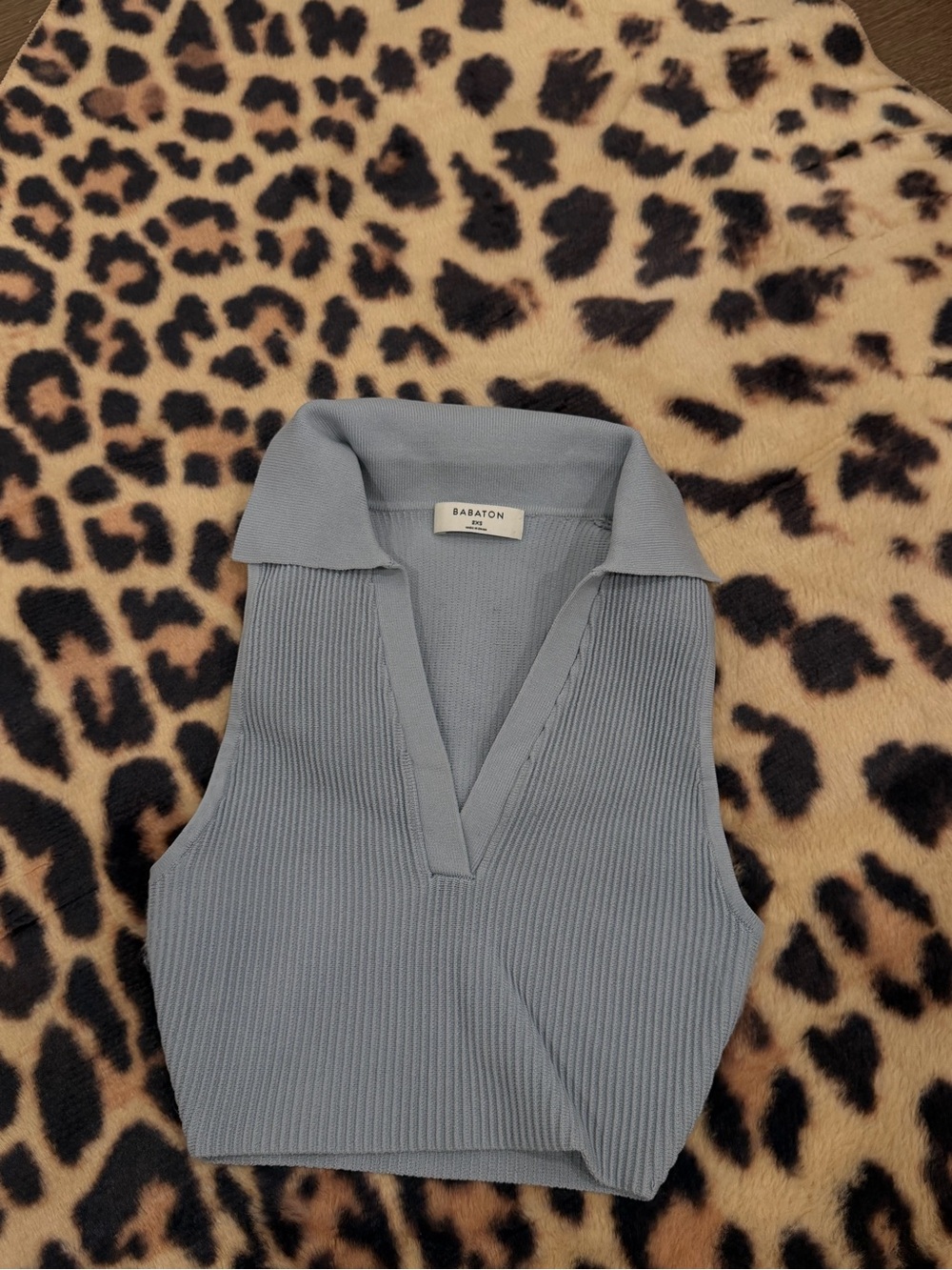Aritzia BABATON Light Blue Ribbed Knit Sleeveless Polo Top - Picture 2 of 3